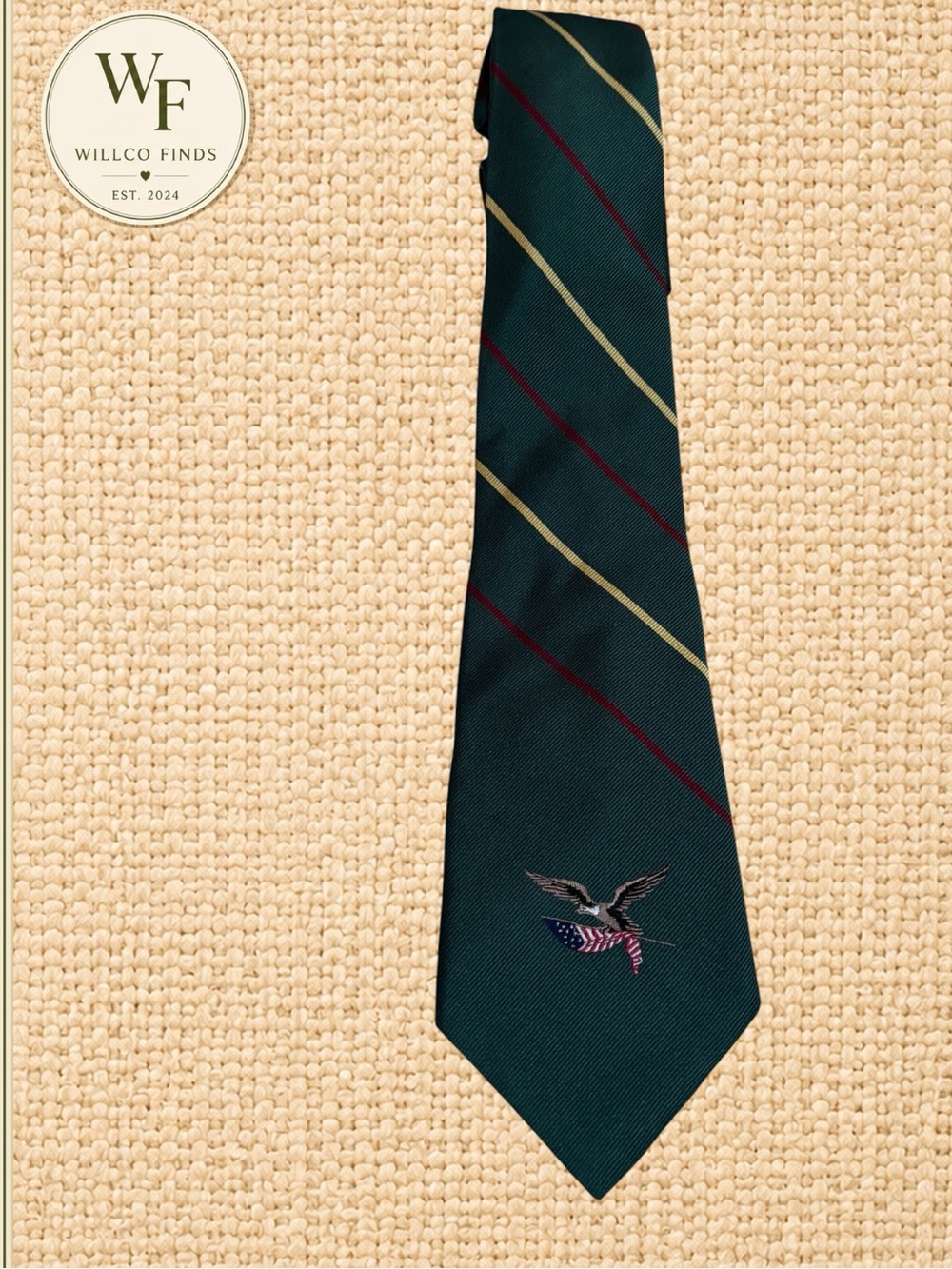 American Living Men’s 100% Silk Tie Green Red Gold Stripe Eagle Flag Patriotic